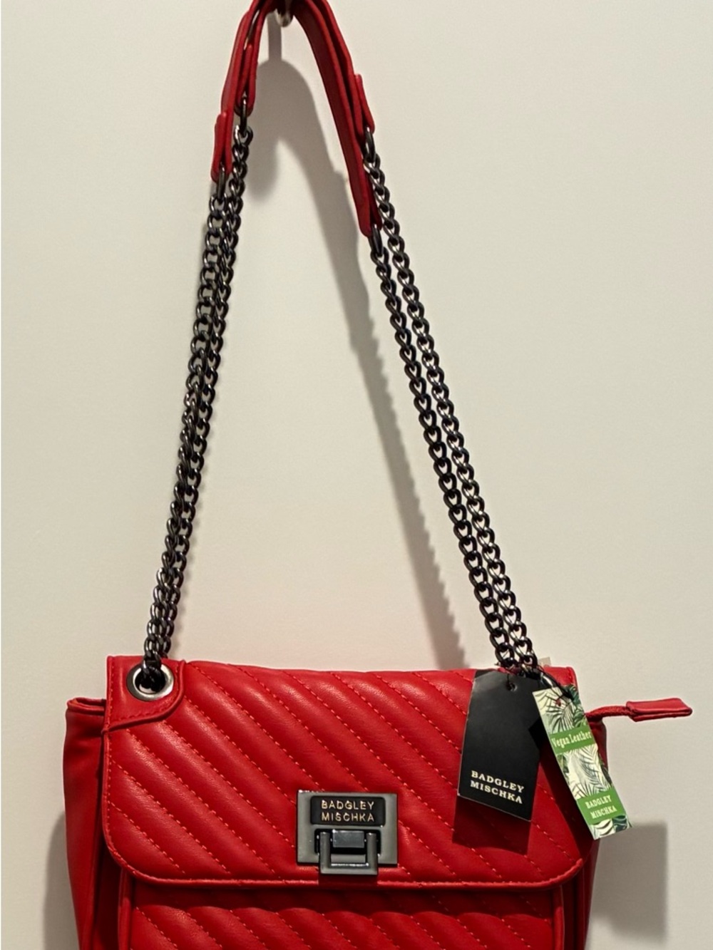 Badgley Mischka Red Quilted Flap Shoulder Bag with Chain Strap